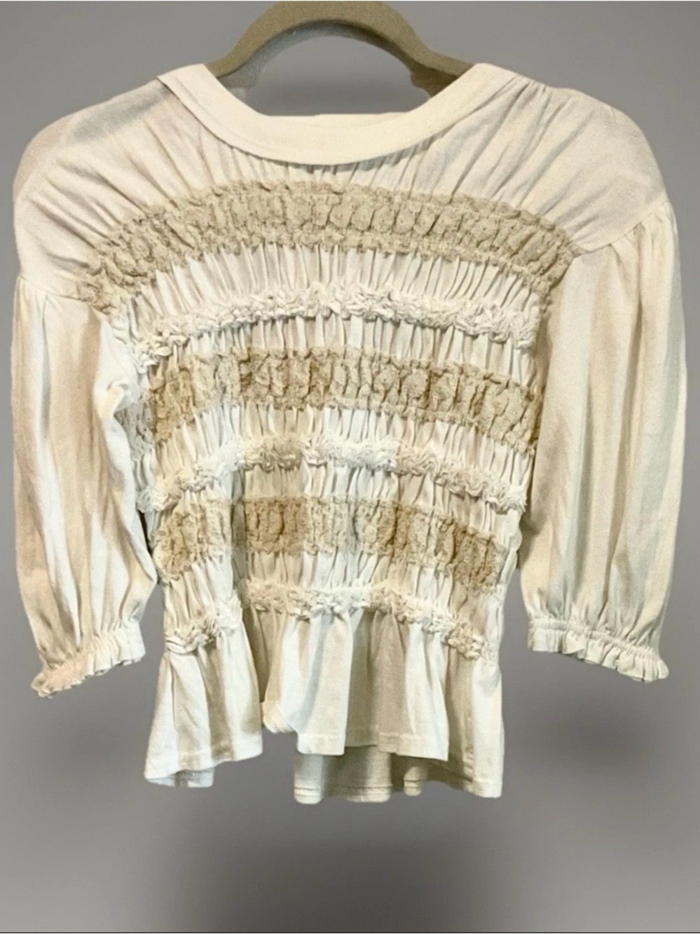 Free People NWT Maxey Smocked Ruffled Cream Puffed Half Sleeve Knit Top, XS - Picture 7 of 12